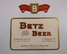 Betz Beer Label Old Stock Lager Lot of 2 Unused Philadelphia PA IRTP c. 1950 picture