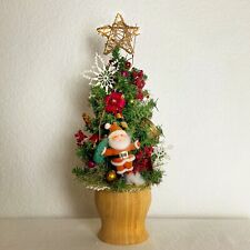 Handcrafted Tabletop Christmas Tree w/Vtg Santa & Trim On A Wood Base 18.5 x 7” picture