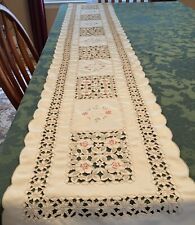 Gorgeous Long Beige Table Runner With Green/Salmon Colors Cut Work 87 In Long picture