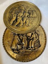 2 VTG England Embossed Brass Plate Peerage Danish Town Design Farmhouse picture