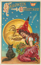 Embossed Postcard Halloween Witch Gives Black Cat a Wreath Giant Face in Moon picture
