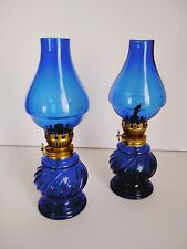 Vintage Pair Cobalt Blue Glass Mini Miniature Oil Kerosene Lamps 8
