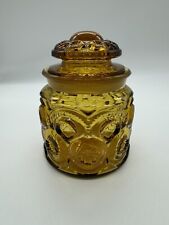 Vintage LE Smith Moon And Stars Amber Glass Small Canister Jar & Lid picture