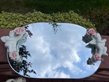 Vintage Mirror Vanity Tray with Raised Porcelain Roses and Cherubs 14x9” picture