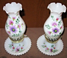 PAIR Vintage Floral Hand Painted Milk Glass Bed Side table Lamps Purple Flowers picture