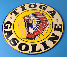Vintage Tioga Gasoline Sign - Indian Chief Gas Motor Oil Pump Porcelain Sign picture