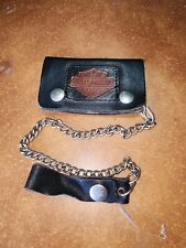 Vintage Harley Davidson Motorcycles Snap Button Leather Wallet W/ Chain picture