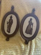 Mid Century Syroco Puritan Man and Woman Oval Carved Wall Plaque Set picture