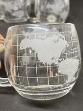 Nestle' Etched Clear Glass World Globe/Map Coffee Mugs Cups  set of 4 vtg picture