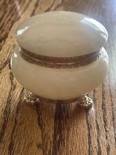 Vintage Genuine Alabaster Hand Carved Round Trinket Hinged Box Made in Italy picture