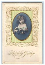 c1910's Birthday Greetings Cute Little Girl Roses RPPC Photo Embossed Postcard picture
