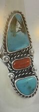 Vintage 925 Silver Turquoise & Red Coral Ring Size 9 Southwest Style Weight 11.7 picture
