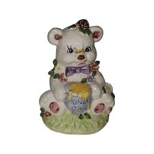 Vintage Loomco Ceramic Bear Figurine 1991 White Honey Jar Bee Rose Bow Tie  picture