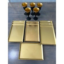 Vintage Japanese Gold and Black Rectangle Plates and Wood Lacquer Sake/Wine Glas picture