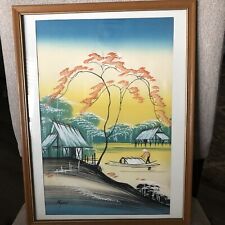 Vtg Vietnamese Asian Watercolor Silk Painting Textured Leaves Artist Signed KYM picture