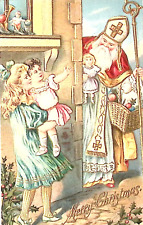 c1908 GERMANY Christmas Postcard Blue Robe St Nicolas Brings Dolls to Girls picture