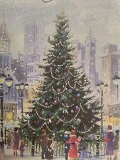 Vtg Unused Christmas Card Heavy Glitter City Street Tree Shoppers W/Env PRETTY picture