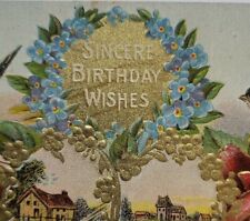 Antique c1910 Sincere Birthday Wishes Postcard Birds & Flowers Embossed Dove  picture