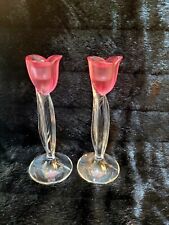 2 Pink Frosted Glass Tulip Crystal Candlestick Holders Mikasa 8
