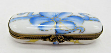 Limoges France Peint Main Blue Ribbon Bow Oval Hinged Porcelain Trinket Box picture