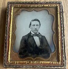 1850-1860s Ambrotype 1/6th Plate Man Seated Case with Necktie Half Case - picture