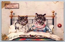 1907 postcard TUCK Cats breakfast in bed w/dead mice & bird on plates picture