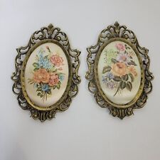 2 Vintage Oval Hand Painted Floral Fabric Pictures Brass Frames Ornate Victorian picture