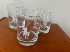 3 Vintage Ralph Lauren Polo Etched Polo Player Low Ball Glasses Tumblers  picture
