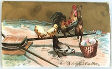 Vintage Easter Postcard Embossed, Gold, Bunny with Colored Eggs with Chickens picture