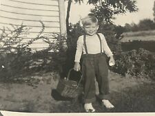 Vintage B&W Snapshot Photograph Adorable Little Boy With Basket (1955) picture