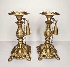 2 Vintage Cast Metal Goldtone Victorian Candle Holders w/ Snuffer picture