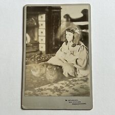 Antique Cabinet Card Photograph Little Girl Three Cats Spooky Odd Ghostly Aura picture