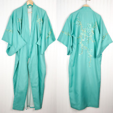 Japanese Womens Kimono Style Robe Aqua Cherry Blossom Embroidery Open Front OS picture