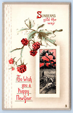 Happy New Year Greetings Postcard Sunbeams Gild The Way Sheep Tucks Series picture