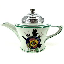Vtg Farberware Fraunfelter 30s Art Deco Porcelain Floral Ceramic Chrome Tea Pot picture