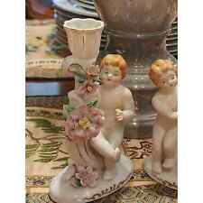 PAIR OF ANTIQUE PORCELAIN CHERUB DOUBLE CANDLE HOLDERS-  picture