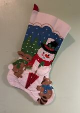 Finished Felt Christmas Stocking- Snowman And Friends- Light Blue picture