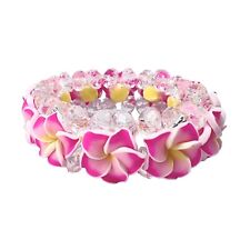 Hawaii Pink and White Fimo Plumeria Flower With Clear Beads Elastic Bracelet picture