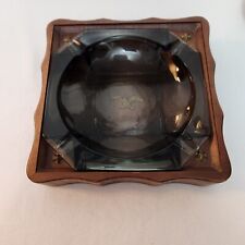 VTG Woodcroftery Glass Cigar Ash Tray Cherry Wood Frame Brass Eagle Star Mancave picture