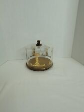 Vintage Pyrex Cheese Plate Glass Dome Wood Base Gold Pattern picture