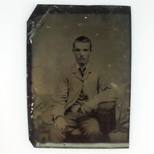 Young Seated Handsome Man Tintype c1870 Antique 1/6 Plate Portrait Photo C2391 picture