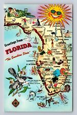 FL-Florida, General Map Greetings, Landmarks, Antique, Vintage Souvenir Postcard picture