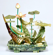 Vtg Chinese Baishi Style Carved Jade Shrimp and Water Lilies Scene Sculpture picture
