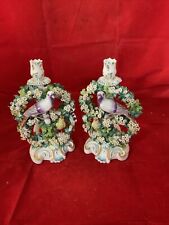 Antique Pair of Derby 'Birds In Branches' Candlesticks Some Chips Not Perfect 9” picture