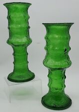 Pair Of Vintage EO Brody Emerald Green Ribbed Vase - MCM Crinkle Glass- Flaw picture