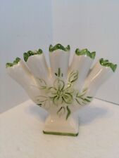 Vintage Leart Pottery Hand Painted Five Finger Bud Vase Green Florals #394 USA picture