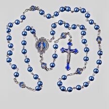 Sapphire Blue Pearl Catholic Rosary Beads Miraculous Medal Milagrosa Cruz Azul picture