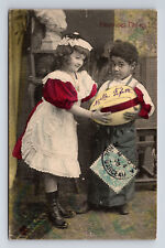 c1906 French Portrait Young Girl Gives Young Boy Giant Easter Egg Postcard picture