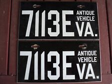 Virginia Antique Vehicle License Plate Tag Pair Set 7113E VA White Black picture