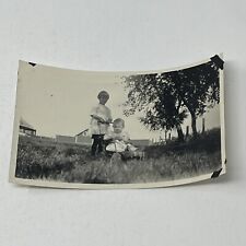 1930's 1940's Young Girl Boy Baby Child Real Photo Kid Wagon Stroller Farm Barn picture